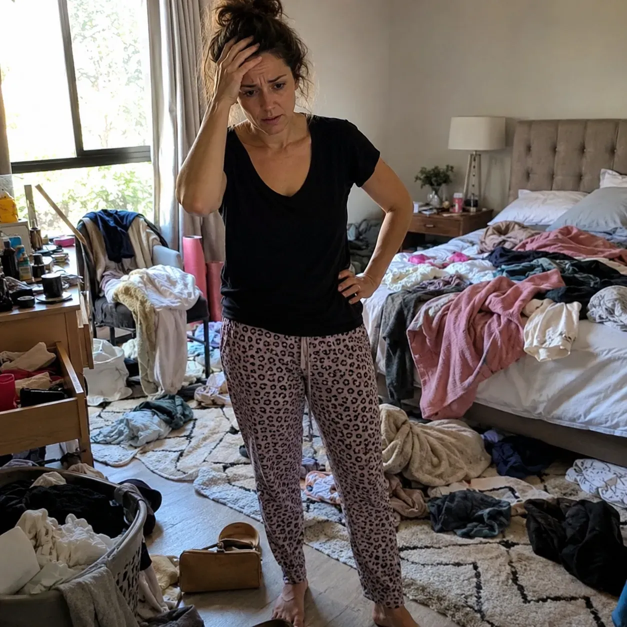 Donna in mezzo a una stanza in disordine